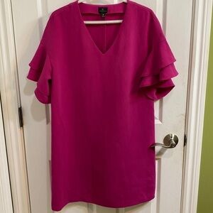 Worthington Dark Pink Shift Dress V-Neck Ruffle Sleeves Women's Size Medium